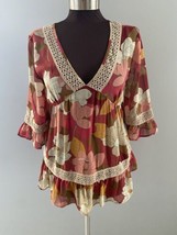 DR2 Floral Blouse Burgundy Pink Beige Bell Sleeve Dbl V Neck Crochet Boho NWT S - £17.31 GBP