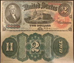 Reproduction $2 United States Note 1869 Jefferson “Rainbow Note” Currenc... - £3.14 GBP