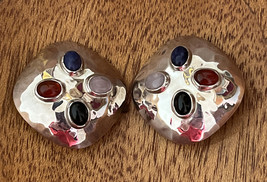 Signed Fer&#39;s Mexican Modernist Hammered Sterling Stone Cabochons Clip Earrings - £63.76 GBP
