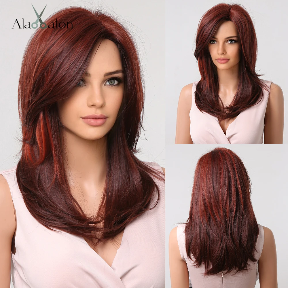ALAN EATON Auburn Red Highlight Layered Wigs with Side Bangs Synthetic Natur - £10.78 GBP+