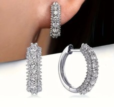 Silver Plated Sparkling Zircon Inlaid Elegant Minimalist Hoop Earrings Jewelry - £9.02 GBP