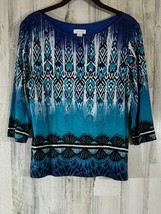 Chicos Top Size 1 Medium Blue Multi Southwest Watercolor 3/4 Sleeve READ - £13.95 GBP