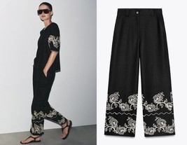$79.90 ZARA ZW COLLECTION BLACK LINEN BLEND EMBROIDERED CULOTTES - S - $1,124.63 MXN