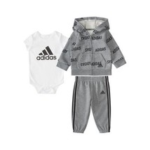 Adidas Baby Boys Fleece Jacket, Bodysuit and Pants, 3 Piece Set - Charcoal Gr... - £22.42 GBP