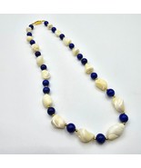 Cobalt Blue and Cream Beaded Necklace Gold Tone Spacers Jewelry - $20.74