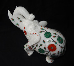 Marble Trunk Up Elephant Figurine Inlay Floral Marquetry Statue Good Luck Gift - £206.18 GBP