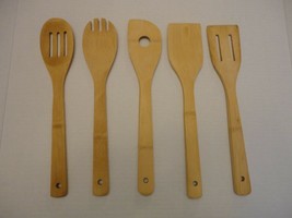 5 Piece Set Kit Natural Wood Bamboo Kitchen Utensils Large Cooking Spoon Spatula - £14.99 GBP