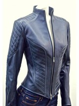 Jacket Leather Womens Size Blue Motorcycle Coat Biker Vintage Lambskin Large 9 - $128.57