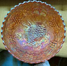 Vintage Carnival Glass Scalloped Bowl Grapevine Motif  Marigold LARGE De... - $42.95