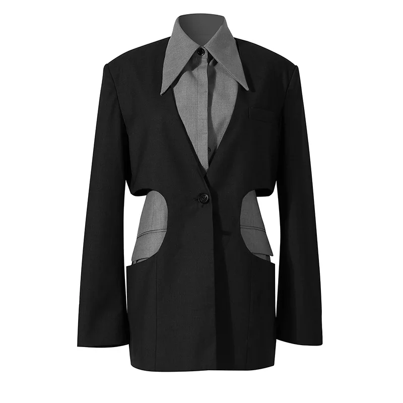 SuperAen     Spring Summer Black Grey Notched Full Office Lady Single Breasted w - £165.23 GBP