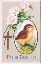 Easter Postcard Embossed Chick White Roses Cross  - £1.63 GBP