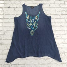 By &amp; By Tank Top Womens Large Blue Embroidered Semi Sheer Tunic Scoop Sleeveless - £12.45 GBP