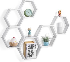Hexagon Floating Shelves Wall Mounted Set Of 6 Honeycomb Shelves Wood, White - £41.55 GBP