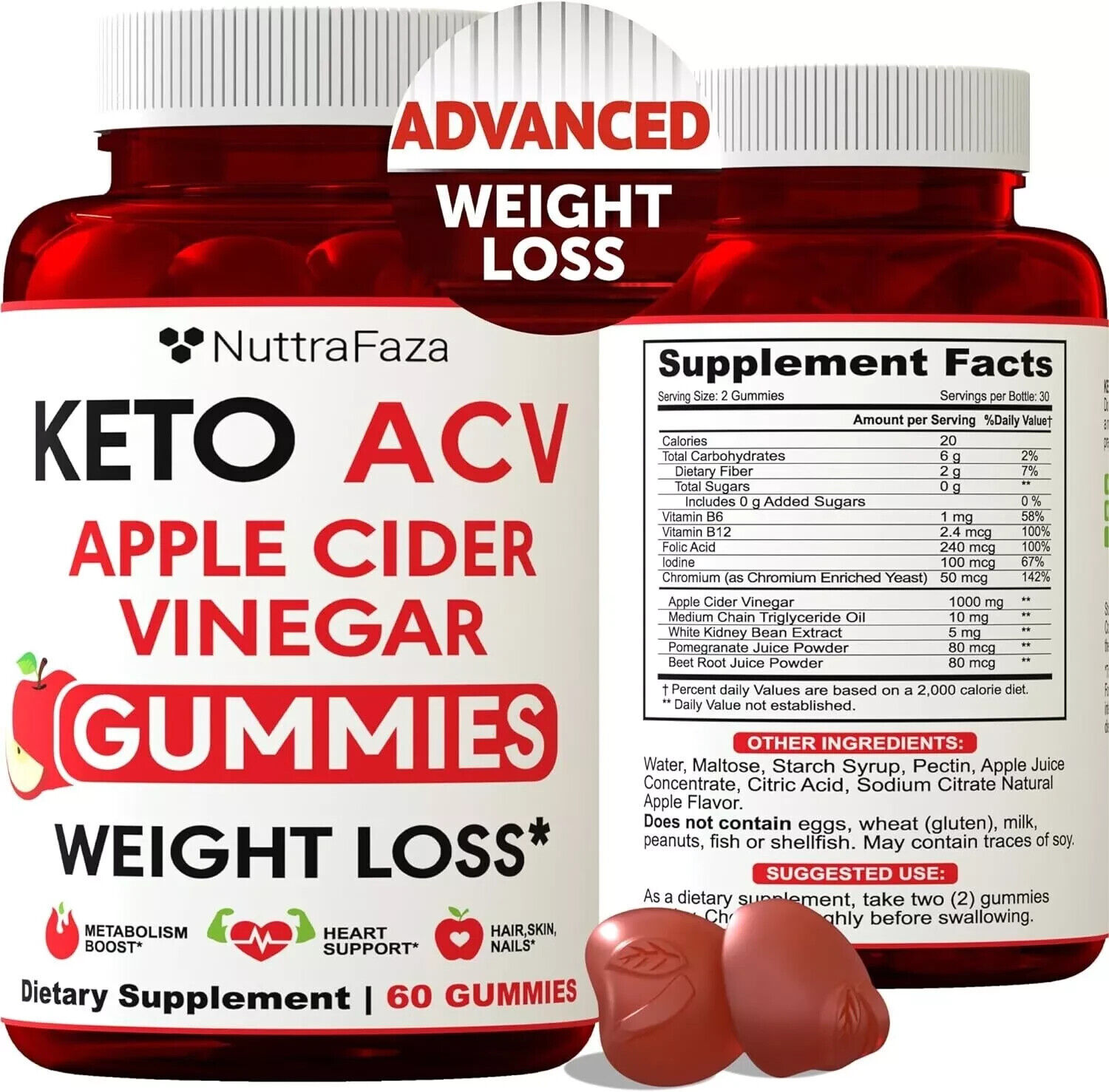 Keto +ACV - Apple Cider Vinegar Gummies for Weight Loss &amp; Weight Management - $12.86