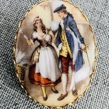 Vintage Painting Pin Brooch Man Woman Cameo Scene Gold Tone Scallop Edge - £18.33 GBP