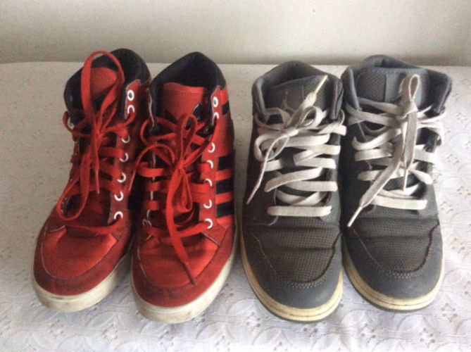 2 Pairs Nike Air Jordan + Adidas Hi-Top Youth Basket Ball Shoes Grey,Red Sz 5 - $35.63