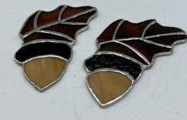 Suncatcher/Stained Glass Handmade Two Acorns Leaves Brown Yellow Amber No Hooks - £11.21 GBP