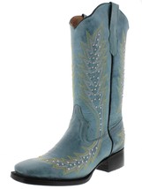 Womens Turquoise Western Cowboy Boots Silver Studded Embroidered Square Toe - £70.78 GBP
