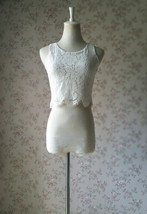 White Sleeveless Lace Tank Tops Summer Wedding Bridesmaid Lace Crop Top image 6