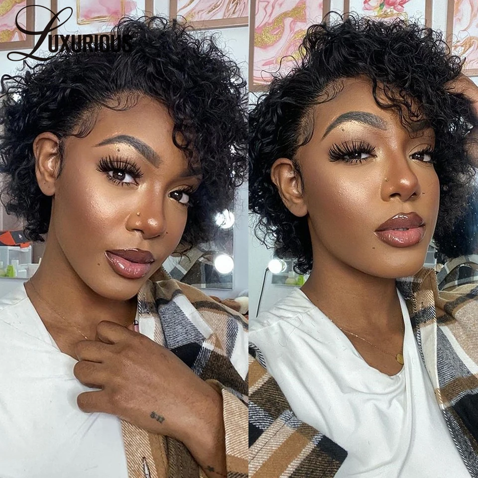 Pixie Curly Cut Lace Frontal Wigs Brazilian Short Bob Curly Wig 13x1 Transpare - £69.07 GBP
