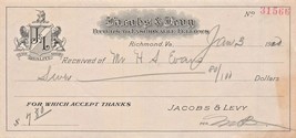 RICHMOND VIRGINIA~JACOB &amp; LEVY~FITTERS TO FASHIONABLE FELLOWS~1919 RECEIPT - £5.64 GBP
