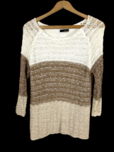 Renuar Open Knit Tunic Sweater Top White Brown Tan Oatmeal Beachy Boho S... - $39.62