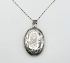 Vintage 925 Sterling Silver FGS Etched Dove Heart Locket Necklace 22 in - £52.66 GBP