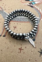 Southwest Silver Navajo Pearl Style 6mm Feather Heart Beaded Coil Wrap Bracelet - £14.45 GBP