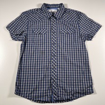 Guess Button Down Shirt Mens L Blue Gray Plaid Checkered Cotton Short Sleeve - £12.66 GBP