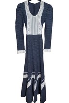 Vintage 70s Navy White Swiss Polka Dot Long Sleeve Ruffle Lace Trim Maxi Dress  - £64.13 GBP