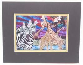 African Safari Animals Zebras Giraffe Matted Signed Print - £34.65 GBP