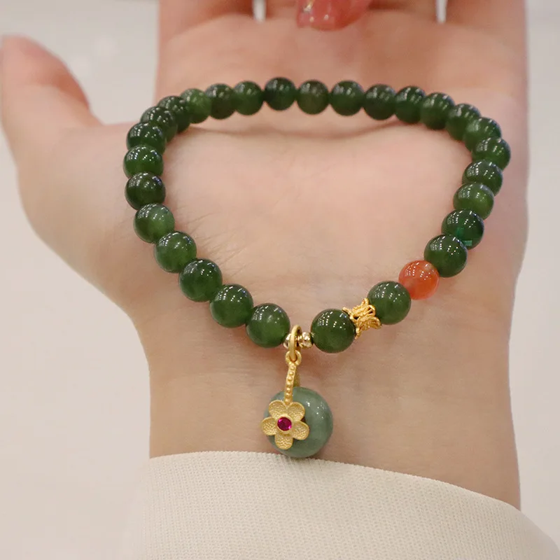 Luxury Flower Charm 6mm Green Natural Jasper Beads Beaded Strand Bracelets for W - £44.21 GBP