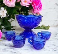 Cobalt Blue Child&#39;s Mini Punch Bowl Set LAUGHING TROUT Summit Glass Voge... - £24.91 GBP