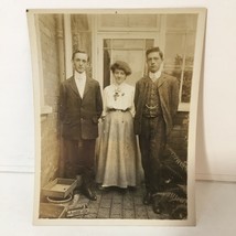 2 Young Men With A Woman Vintage Original Old Photo 4.25 x 3. 25 inches Sepia - £4.86 GBP