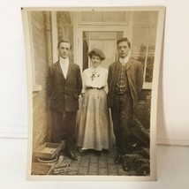 2 Young Men With A Woman Vintage Original Old Photo 4.25 x 3. 25 inches Sepia - £4.54 GBP