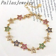 5Pcs New Copper Micro Pave cubic zircon star heart-shaped Bracelet rainbow love  - £40.10 GBP