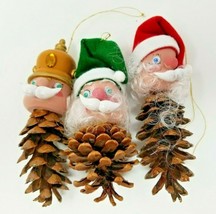 Christmas Ornaments Pine Cone Santa Elf Soldier Vintage Set of 3 Handmade  - $16.10