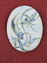 Johnson England Vintage Brooch Pin Ceramic Flowers Oval White Blue Gold Color 2&quot; - £17.98 GBP