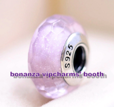 925 Sterling Silver Handmade Glass Bead Pink Shimmer Faceted Murano Glass Charm  - $4.60