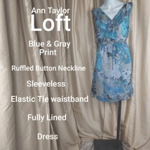 Ann Taylor LOFT Blue &amp; Gray Ruffled Button Neck Sleeveless Dress Size L - £14.95 GBP