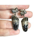 VINTAGE SCREWBACK SILVER DANGLE EARRINGS MEXICO CARVED ONYX AZTEC MASK FACE - $34.67 CAD
