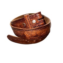 Genuine Grain Cowhide Leather Vintage Floral Embossed Brown snap button belt - £24.36 GBP