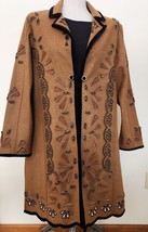 Sandy Starkman Women Brown Long 70% Wool Embellished Beads Black Trim Co... - £77.36 GBP