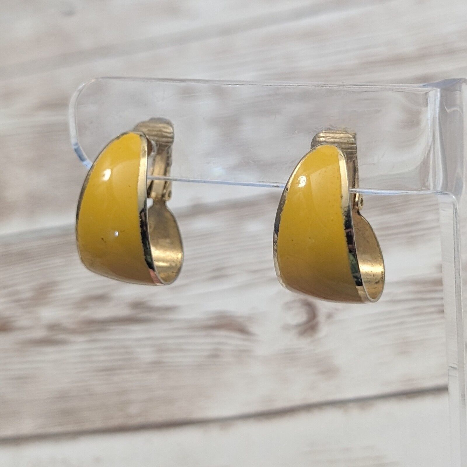Vintage Clip On Earrings Mustard Yellow Elongated Hoops - Fair Condition - £9.75 GBP