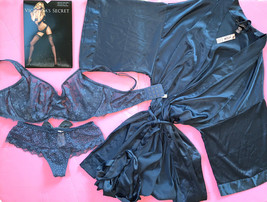 Victoria&#39;s Secret unlined 34DDD,36C BRA SET+S thong+ROBE kimono BLUE lace bow - £94.73 GBP