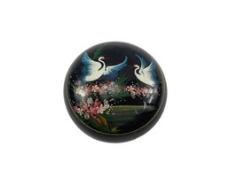 Vintage Black Lacquer Trinket Box w Lid Hand Painted Pink Flowers Swan Birds - £19.42 GBP