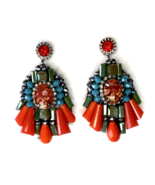 Bold Colorful Bohemian Style Statement Earrings  Orange Blue Green Silve... - $20.00