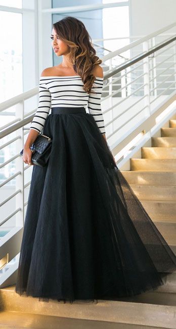 Black tulle maxi skirt outfit