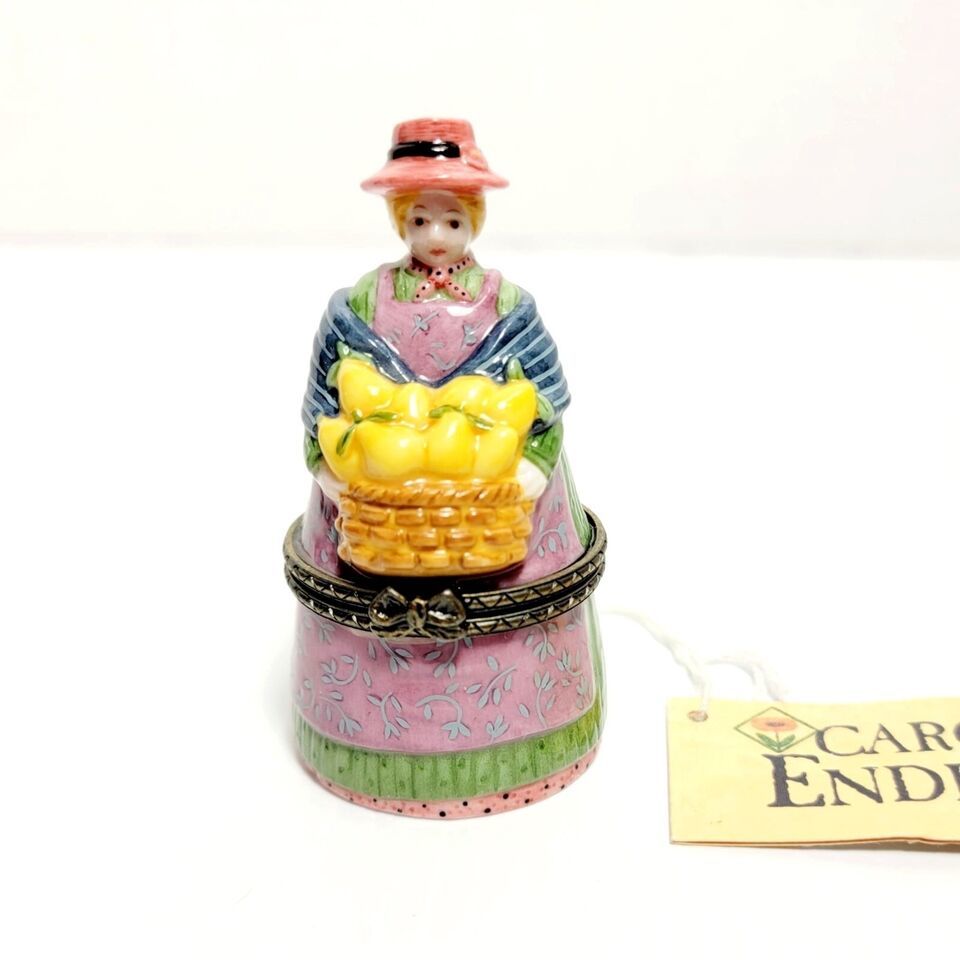 Carol Endres Trinket Box Lady Farmer with Basket of Pears Hinged Lid Enesco 1998 - $9.89