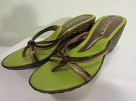 Giannetti Tan Brown &amp; Lime Green Italy Wedge Platform Slides Sandals US 7 EU 38 - £32.06 GBP